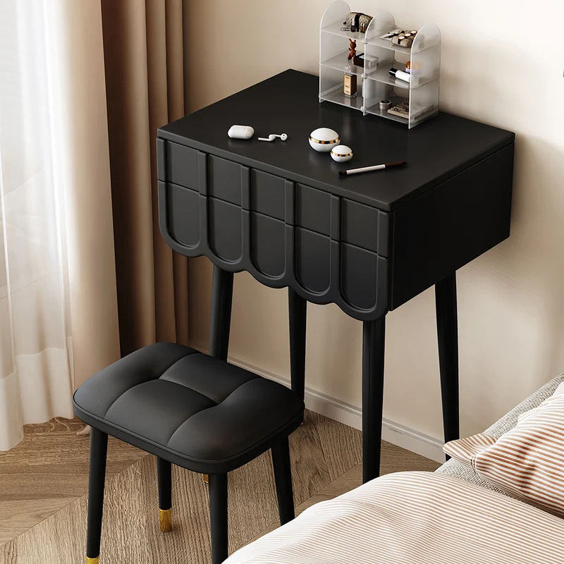 Modern Minimalist Fiberboard Metal Rectangular Arch Makeup Vanity & Stool Set With Flip Top LED Mirror & 2 Drawers For Bedroom