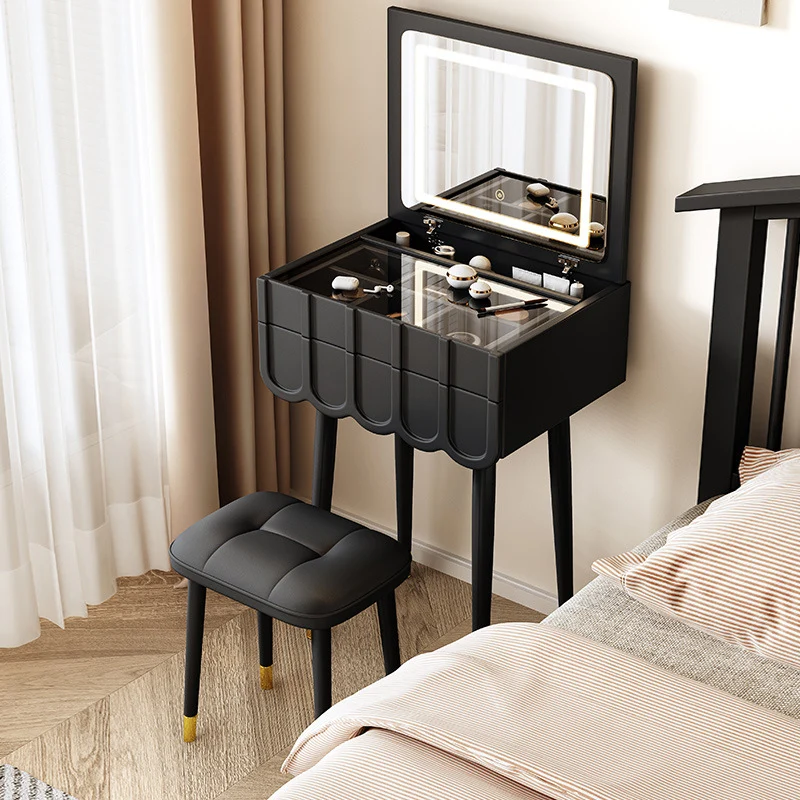 Modern Minimalist Fiberboard Metal Rectangular Arch Makeup Vanity & Stool Set With Flip Top LED Mirror & 2 Drawers For Bedroom