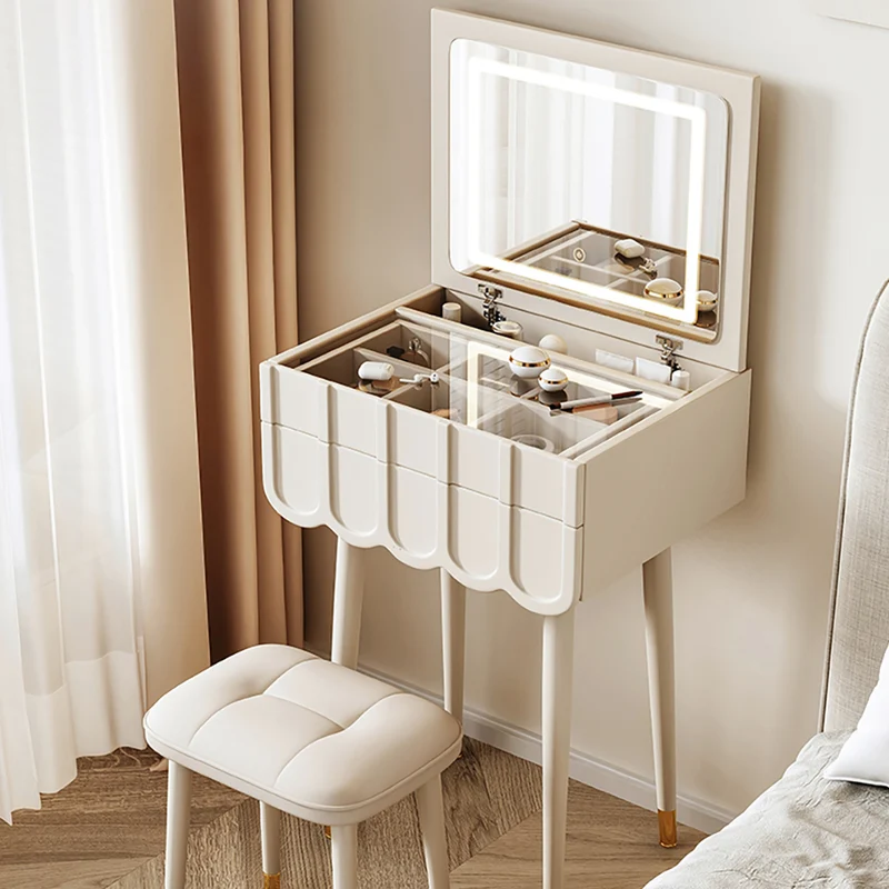 Modern Minimalist Fiberboard Metal Rectangular Arch Makeup Vanity & Stool Set With Flip Top LED Mirror & 2 Drawers For Bedroom