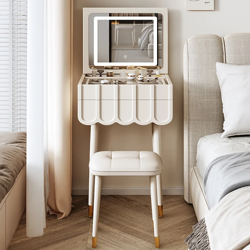Modern Minimalist Fiberboard Metal Rectangular Arch Makeup Vanity & Stool Set With Flip Top LED Mirror & 2 Drawers For Bedroom