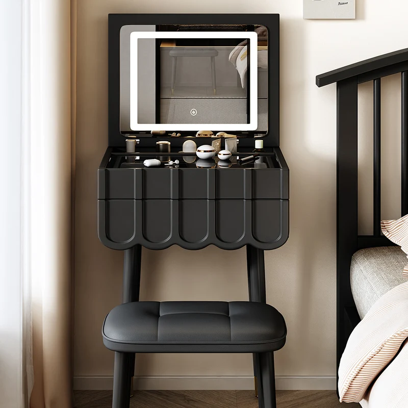 Modern Minimalist Fiberboard Metal Rectangular Arch Makeup Vanity & Stool Set With Flip Top LED Mirror & 2 Drawers For Bedroom