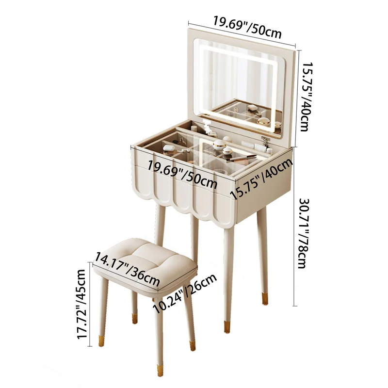 Modern Minimalist Fiberboard Metal Rectangular Arch Makeup Vanity & Stool Set With Flip Top LED Mirror & 2 Drawers For Bedroom