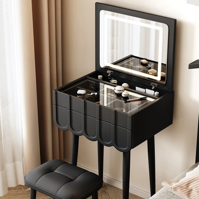 Modern Minimalist Fiberboard Metal Rectangular Arch Makeup Vanity & Stool Set With Flip Top LED Mirror & 2 Drawers For Bedroom