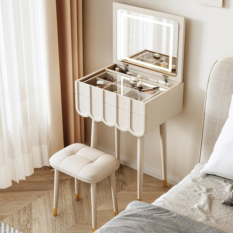 Modern Minimalist Fiberboard Metal Rectangular Arch Makeup Vanity & Stool Set With Flip Top LED Mirror & 2 Drawers For Bedroom