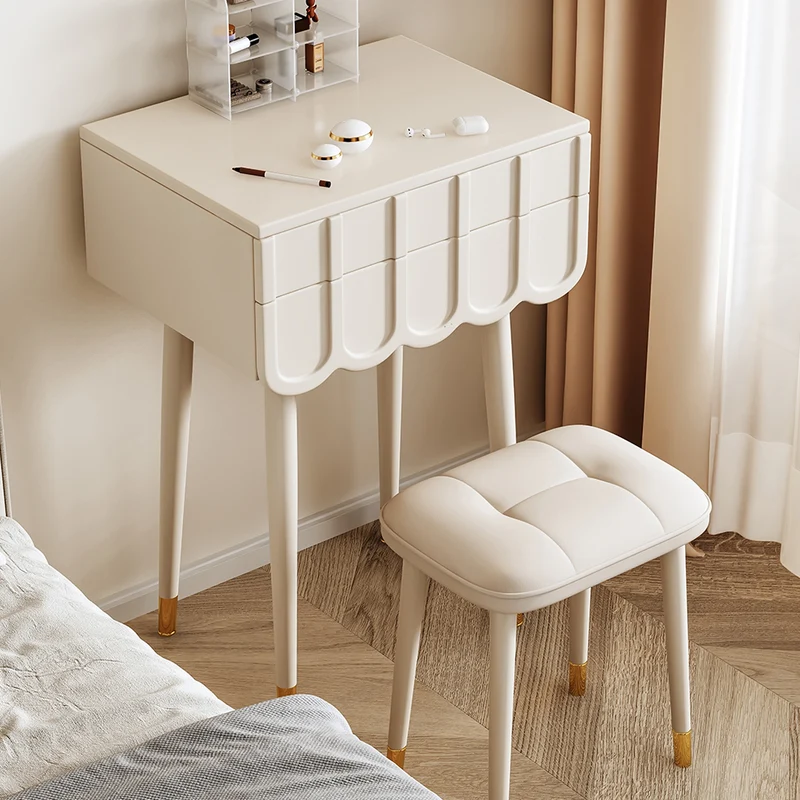 Modern Minimalist Fiberboard Metal Rectangular Arch Makeup Vanity & Stool Set With Flip Top LED Mirror & 2 Drawers For Bedroom