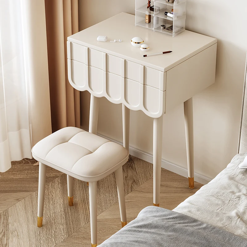 Modern Minimalist Fiberboard Metal Rectangular Arch Makeup Vanity & Stool Set With Flip Top LED Mirror & 2 Drawers For Bedroom