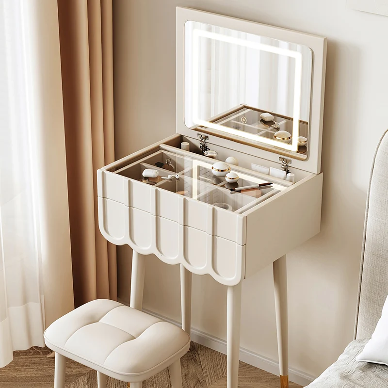Modern Minimalist Fiberboard Metal Rectangular Arch Makeup Vanity & Stool Set With Flip Top LED Mirror & 2 Drawers For Bedroom