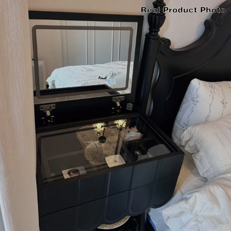 Modern Minimalist Fiberboard Metal Rectangular Arch Makeup Vanity & Stool Set With Flip Top LED Mirror & 2 Drawers For Bedroom