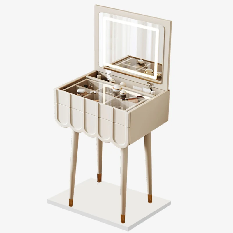 Modern Minimalist Fiberboard Metal Rectangular Arch Makeup Vanity & Stool Set With Flip Top LED Mirror & 2 Drawers For Bedroom