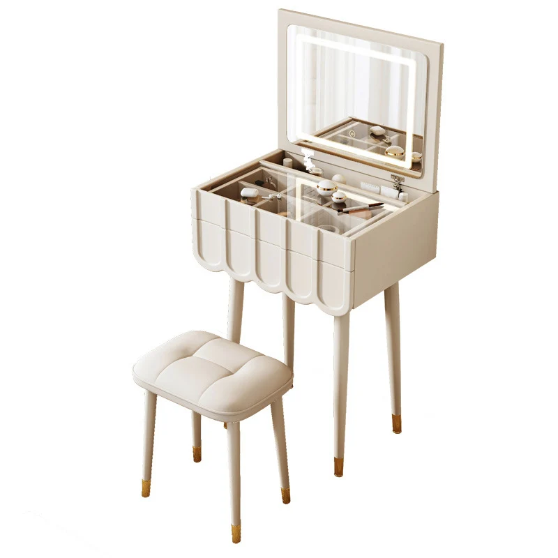 Modern Minimalist Fiberboard Metal Rectangular Arch Makeup Vanity & Stool Set With Flip Top LED Mirror & 2 Drawers For Bedroom