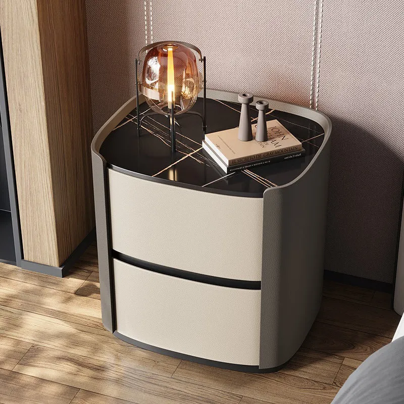 Modern Minimalist Sintered Stone Faux Leather Solid Wood Rounded Square Nightstand 2-Drawer For Bedroom