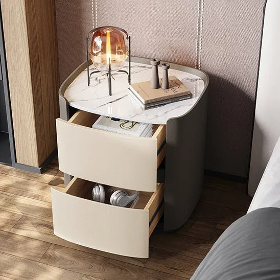 Modern Minimalist Sintered Stone Faux Leather Solid Wood Rounded Square Nightstand 2-Drawer For Bedroom