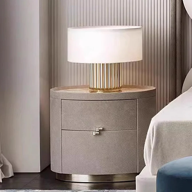 Modern Minimalist Sintered Stone Solid Wood Woven Leather Round Cylindrical Nightstand 2-Drawer For Bedroom