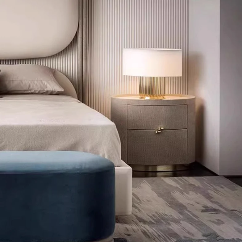 Modern Minimalist Sintered Stone Solid Wood Woven Leather Round Cylindrical Nightstand 2-Drawer For Bedroom