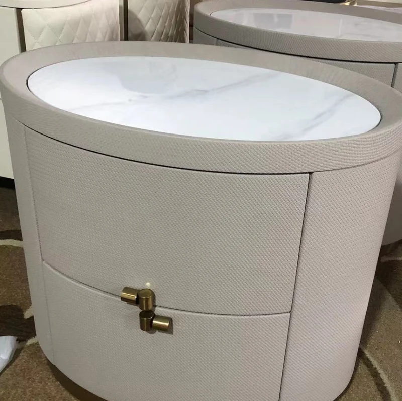 Modern Minimalist Sintered Stone Solid Wood Woven Leather Round Cylindrical Nightstand 2-Drawer For Bedroom