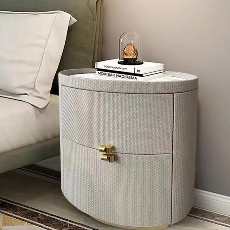 Modern Minimalist Sintered Stone Solid Wood Woven Leather Round Cylindrical Nightstand 2-Drawer For Bedroom
