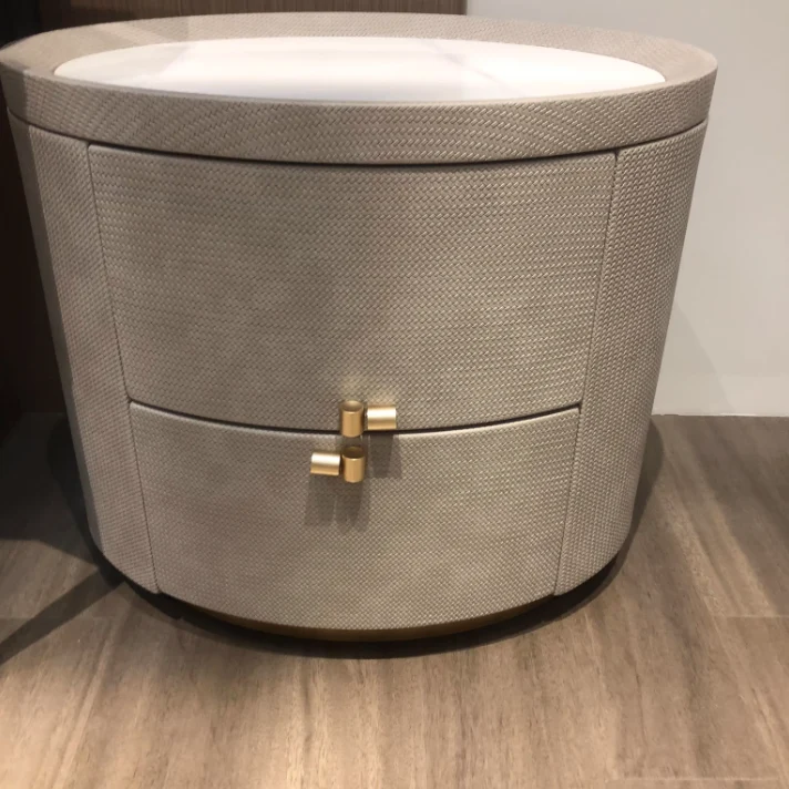 Modern Minimalist Sintered Stone Solid Wood Woven Leather Round Cylindrical Nightstand 2-Drawer For Bedroom