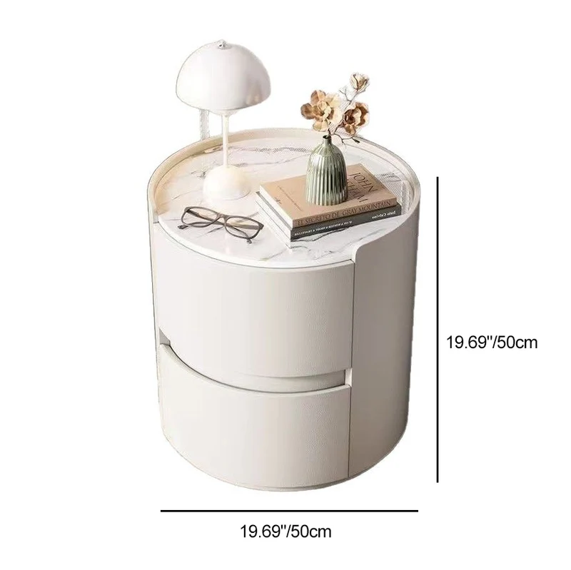 Contemporary Scandinavian Faux Leather Plywood Cylindrical Round Nightstand 2-Drawer For Bedroom