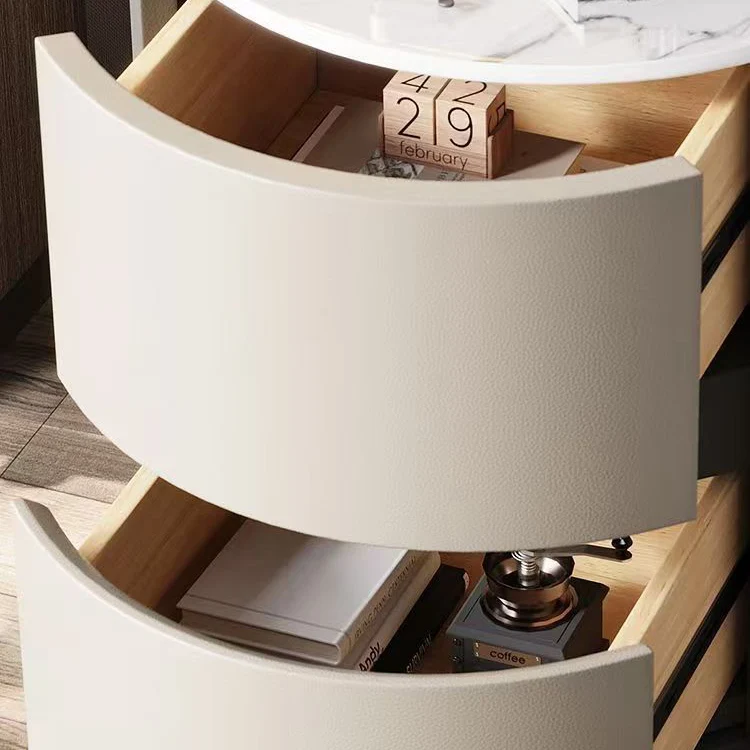 Contemporary Scandinavian Faux Leather Plywood Cylindrical Round Nightstand 2-Drawer For Bedroom