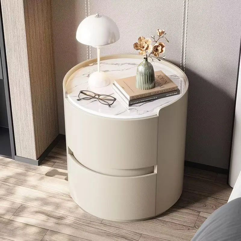 Contemporary Scandinavian Faux Leather Plywood Cylindrical Round Nightstand 2-Drawer For Bedroom