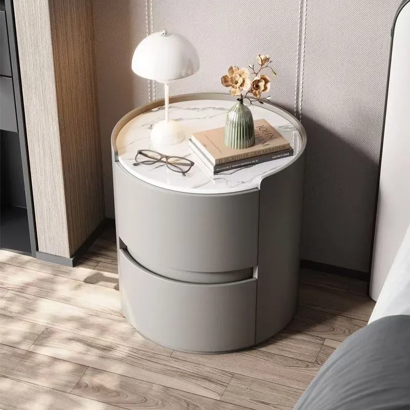 Contemporary Scandinavian Faux Leather Plywood Cylindrical Round Nightstand 2-Drawer For Bedroom