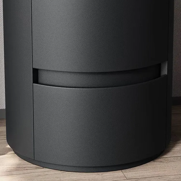 Contemporary Scandinavian Faux Leather Plywood Cylindrical Round Nightstand 2-Drawer For Bedroom