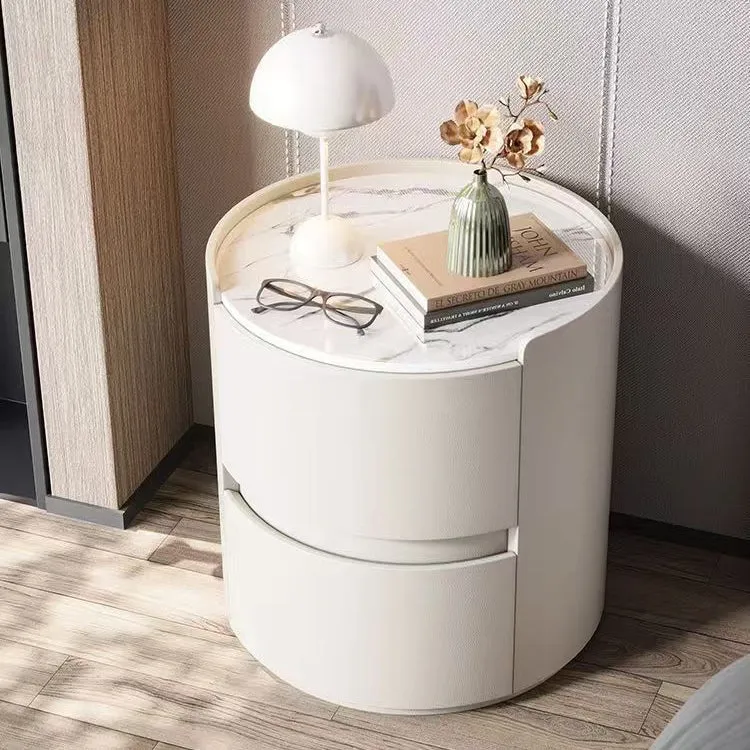Contemporary Scandinavian Faux Leather Plywood Cylindrical Round Nightstand 2-Drawer For Bedroom