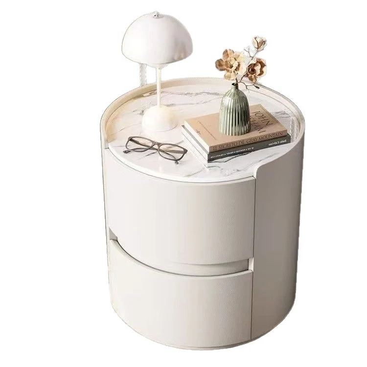 Contemporary Scandinavian Faux Leather Plywood Cylindrical Round Nightstand 2-Drawer For Bedroom