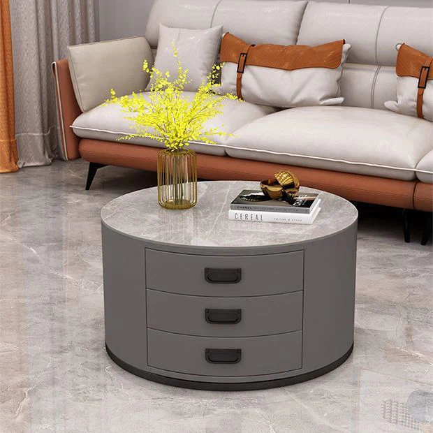 Contemporary Scandinavian Sintered Stone Faux Leather Solid Wood Cylindrical Round End Table 3-Drawer For Living Room