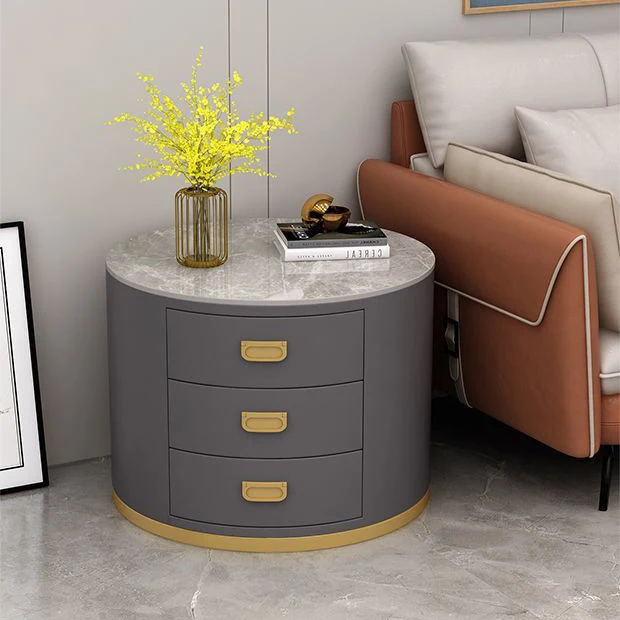 Contemporary Scandinavian Sintered Stone Faux Leather Solid Wood Cylindrical Round End Table 3-Drawer For Living Room