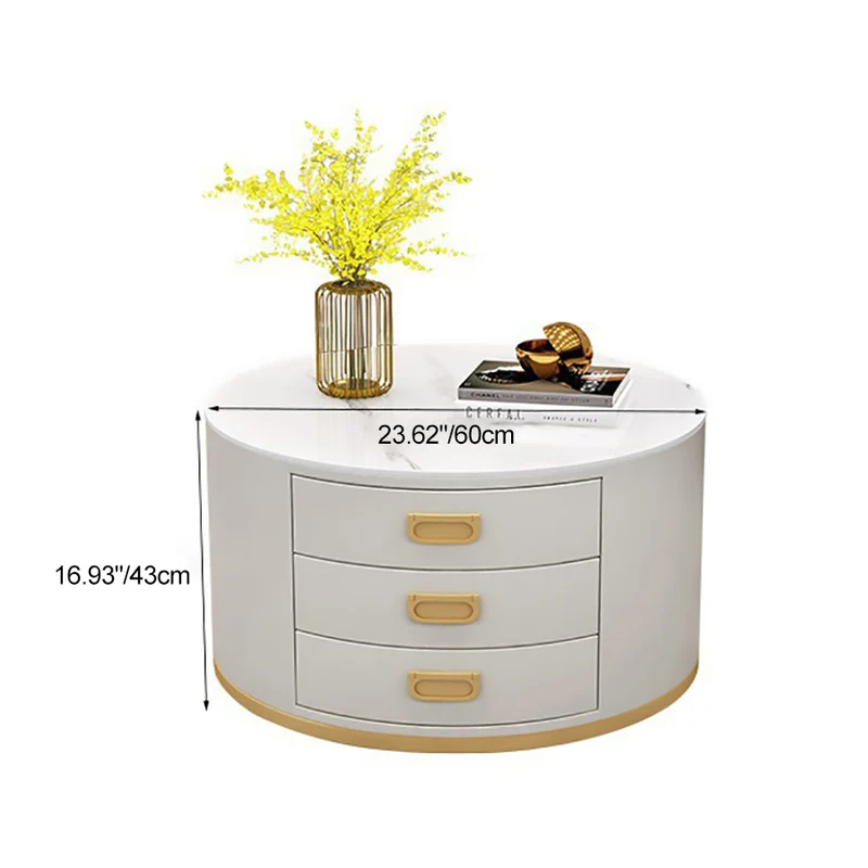 Contemporary Scandinavian Sintered Stone Faux Leather Solid Wood Cylindrical Round End Table 3-Drawer For Living Room