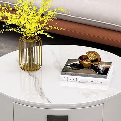 Contemporary Scandinavian Sintered Stone Faux Leather Solid Wood Cylindrical Round End Table 3-Drawer For Living Room