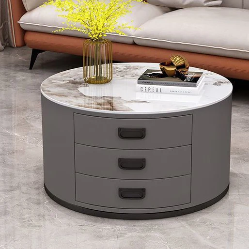 Contemporary Scandinavian Sintered Stone Faux Leather Solid Wood Cylindrical Round End Table 3-Drawer For Living Room