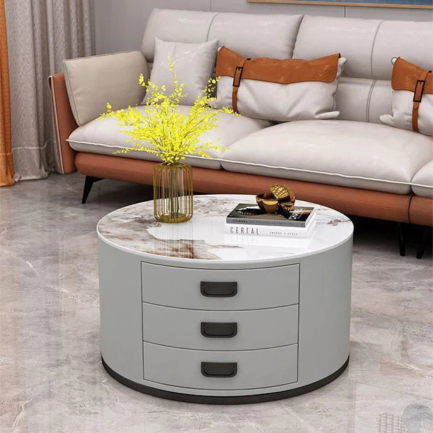 Contemporary Scandinavian Sintered Stone Faux Leather Solid Wood Cylindrical Round End Table 3-Drawer For Living Room
