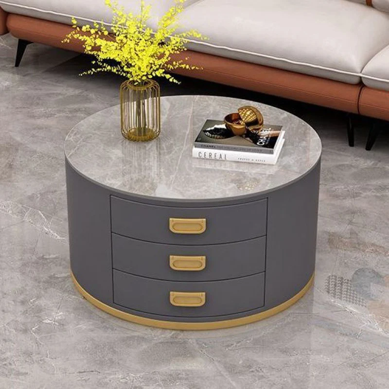 Contemporary Scandinavian Sintered Stone Faux Leather Solid Wood Cylindrical Round End Table 3-Drawer For Living Room