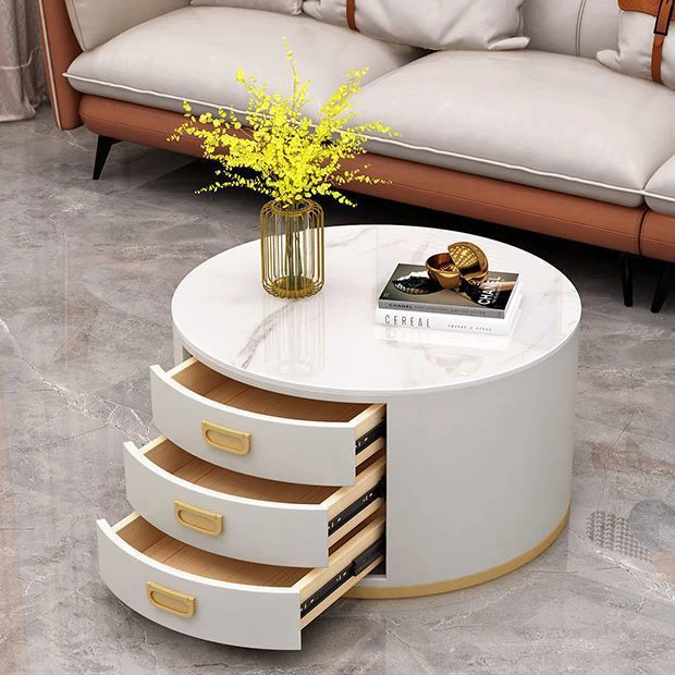 Contemporary Scandinavian Sintered Stone Faux Leather Solid Wood Cylindrical Round End Table 3-Drawer For Living Room