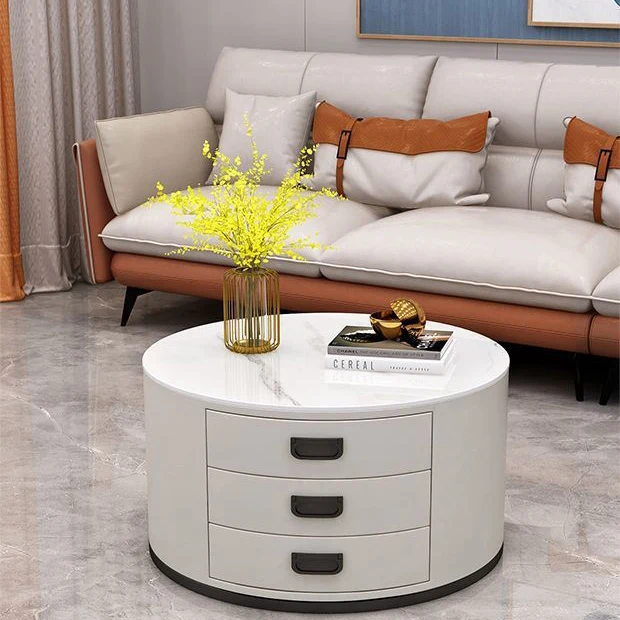 Contemporary Scandinavian Sintered Stone Faux Leather Solid Wood Cylindrical Round End Table 3-Drawer For Living Room