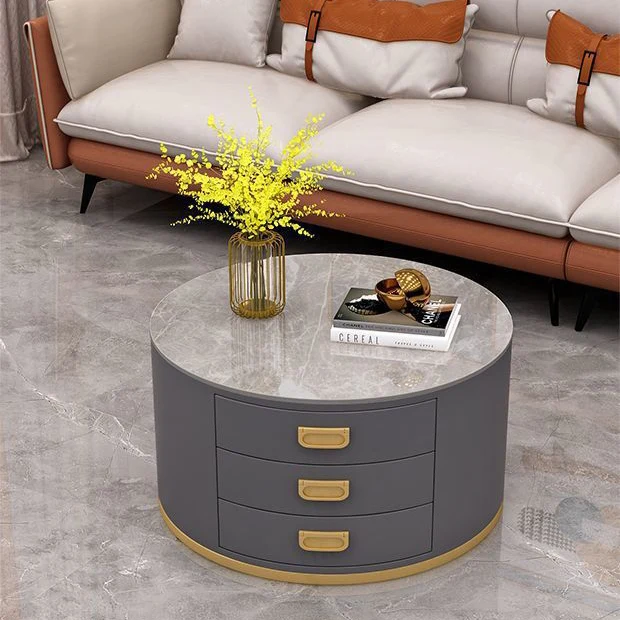 Contemporary Scandinavian Sintered Stone Faux Leather Solid Wood Cylindrical Round End Table 3-Drawer For Living Room