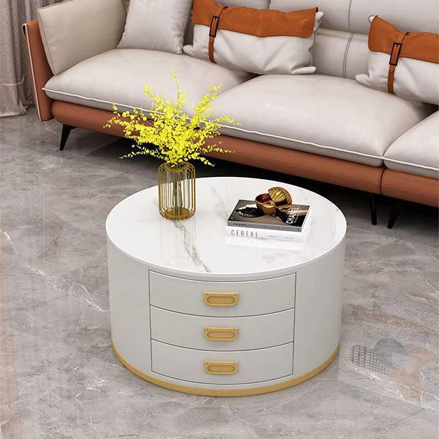 Contemporary Scandinavian Sintered Stone Faux Leather Solid Wood Cylindrical Round End Table 3-Drawer For Living Room
