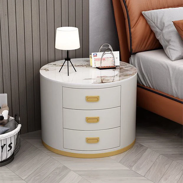Contemporary Scandinavian Sintered Stone Faux Leather Solid Wood Cylindrical Round End Table 3-Drawer For Living Room