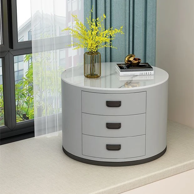 Contemporary Scandinavian Sintered Stone Faux Leather Solid Wood Cylindrical Round End Table 3-Drawer For Living Room