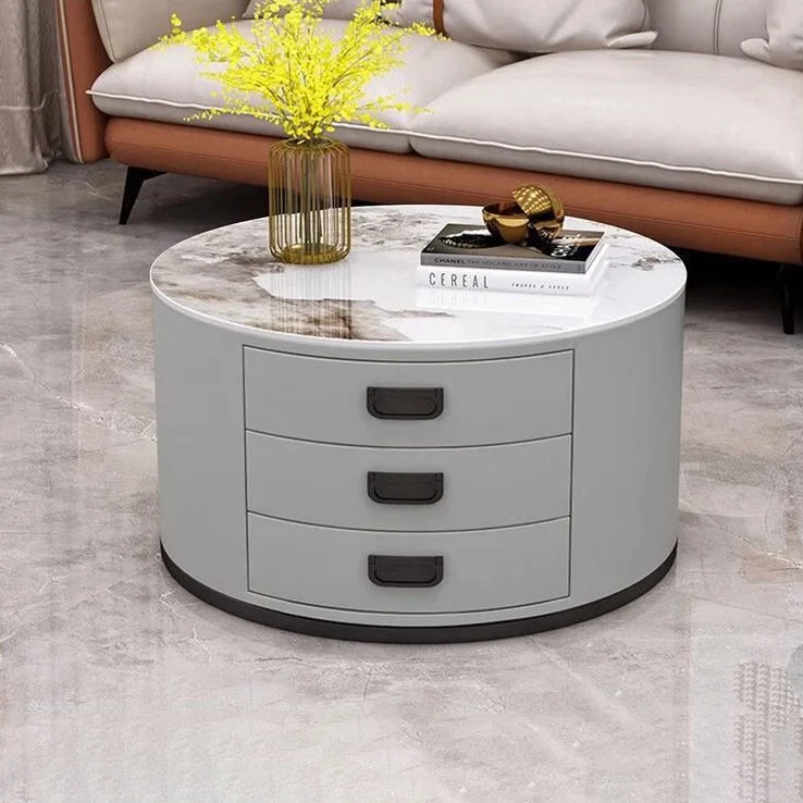 Contemporary Scandinavian Sintered Stone Faux Leather Solid Wood Cylindrical Round End Table 3-Drawer For Living Room