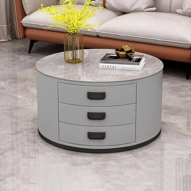 Contemporary Scandinavian Sintered Stone Faux Leather Solid Wood Cylindrical Round End Table 3-Drawer For Living Room