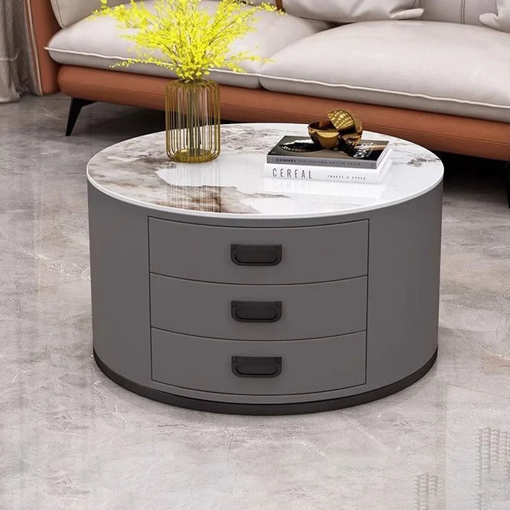 Contemporary Scandinavian Sintered Stone Faux Leather Solid Wood Cylindrical Round End Table 3-Drawer For Living Room