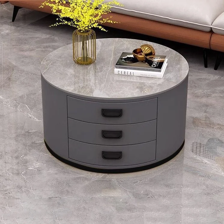 Contemporary Scandinavian Sintered Stone Faux Leather Solid Wood Cylindrical Round End Table 3-Drawer For Living Room