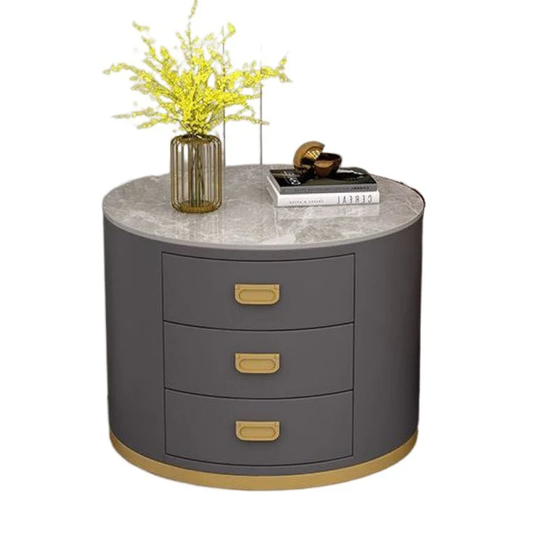 Contemporary Scandinavian Sintered Stone Faux Leather Solid Wood Cylindrical Round End Table 3-Drawer For Living Room