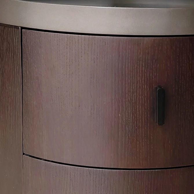 Modern Minimalist Ash Wood Metal Stainless Steel Round Nightstand 2-Drawer For Bedroom