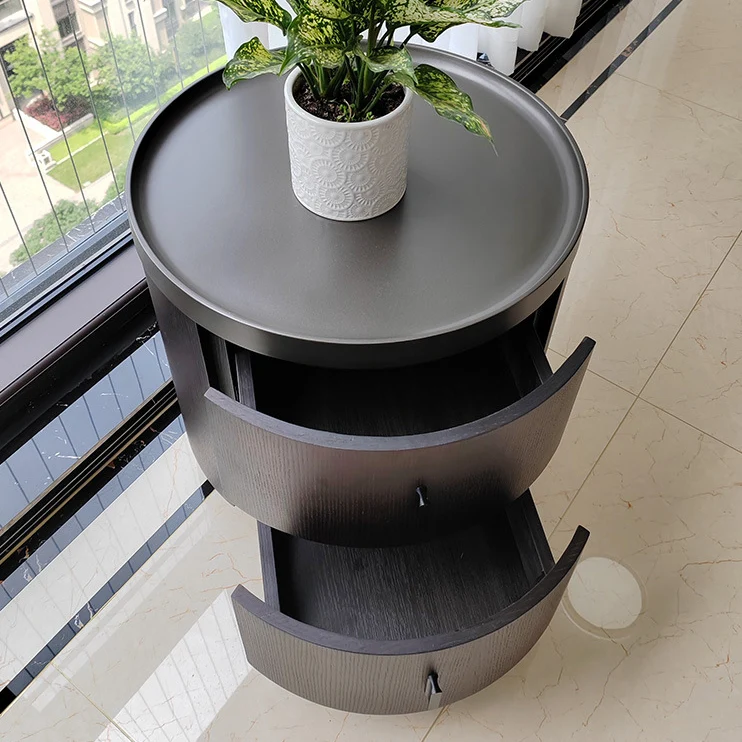 Modern Minimalist Ash Wood Metal Stainless Steel Round Nightstand 2-Drawer For Bedroom