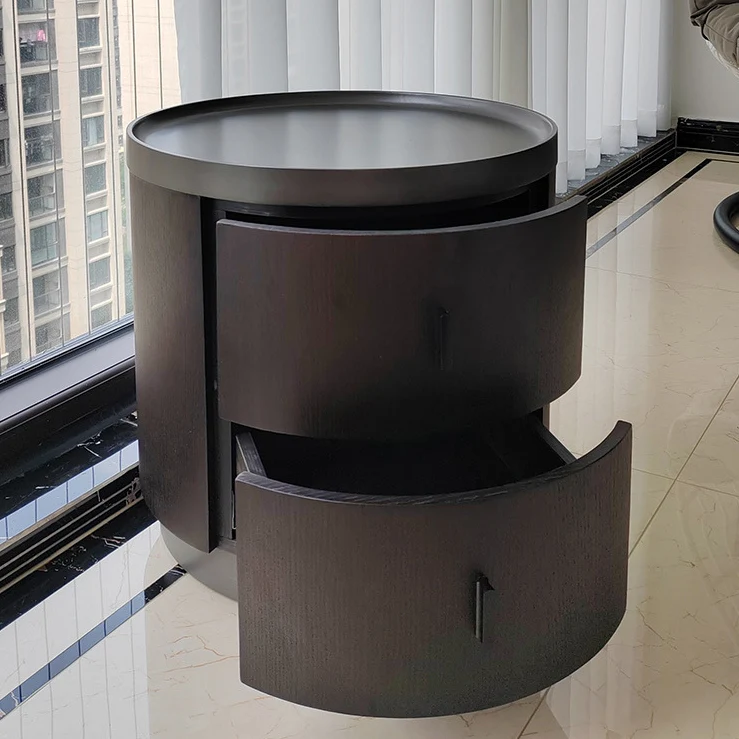 Modern Minimalist Ash Wood Metal Stainless Steel Round Nightstand 2-Drawer For Bedroom