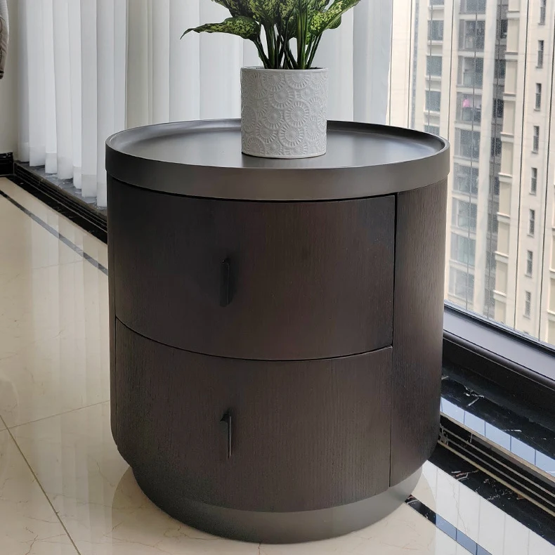 Modern Minimalist Ash Wood Metal Stainless Steel Round Nightstand 2-Drawer For Bedroom